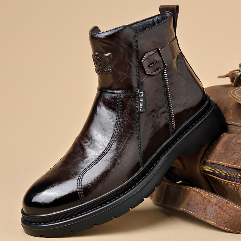 GENUINE LEATHER MARTIN BOOTS MENS WINTER NEW FLEECE WARM COWHIDE BREATHABLE MID-TOP BOOTS MENS FASHION LEATHER BOOTS MEN