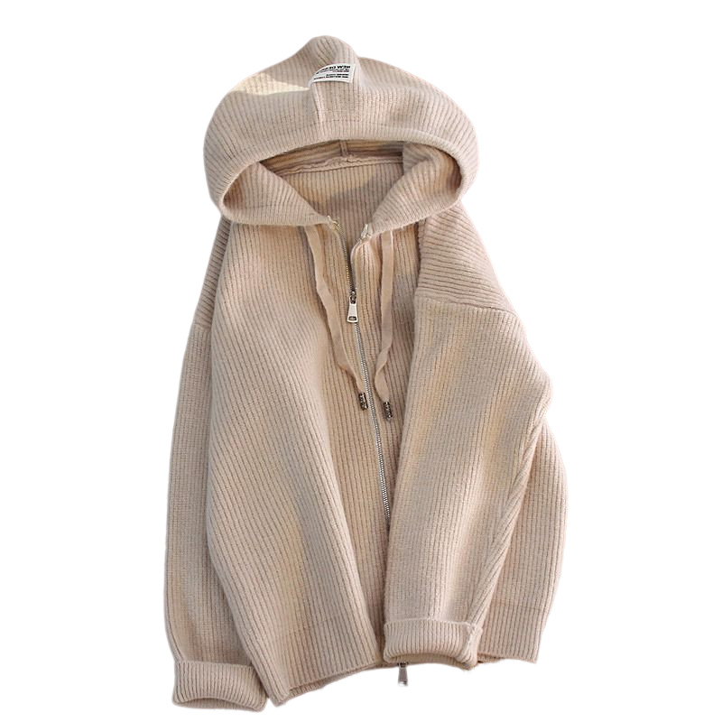 2024 NEW FALL|WINTER JAPANESE LAZY RETRO SOLID COLOR HOODED KNITWEAR ZIP UP SWEATER JACKET WOMENS CARDIGAN