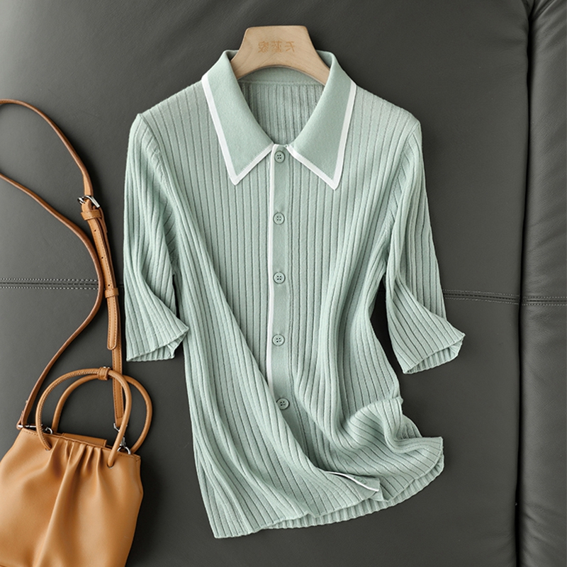 MINT GREEN POLO NECK KNIT SHORT SLEEVE T-SHIRT WOMENS SUMMER 2024 MILK CHIC TOP DESIGN SENSE NICHE LUXURY