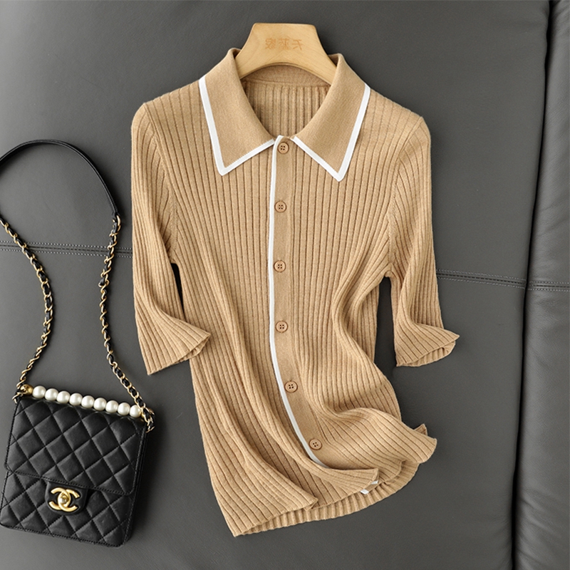 MINT GREEN POLO NECK KNIT SHORT SLEEVE T-SHIRT WOMENS SUMMER 2024 MILK CHIC TOP DESIGN SENSE NICHE LUXURY