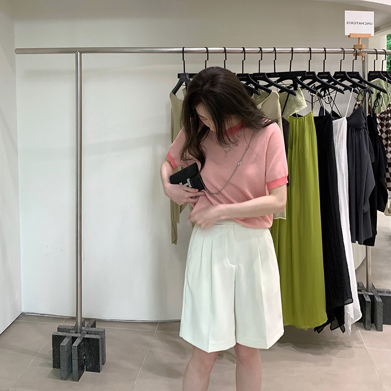 2024 NEW CONTRASTING CREW NECK TOP PINK SHORT SLEEVE ICE SILK KNIT T-SHIRT WOMENS SUMMER THIN DESIGN SENSE NICHE