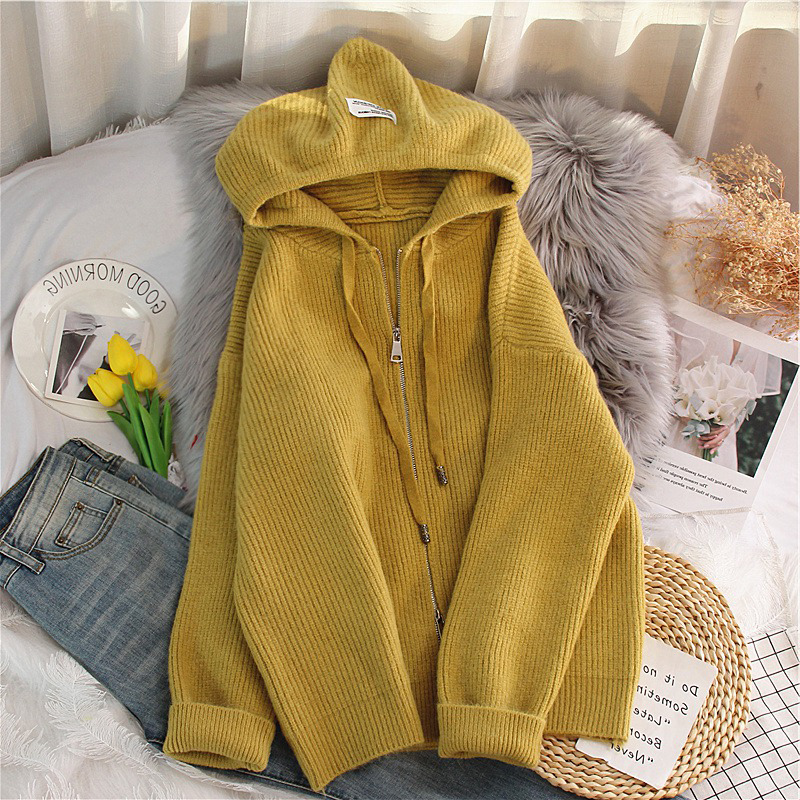 2024 NEW FALL|WINTER JAPANESE LAZY RETRO SOLID COLOR HOODED KNITWEAR ZIP UP SWEATER JACKET WOMENS CARDIGAN
