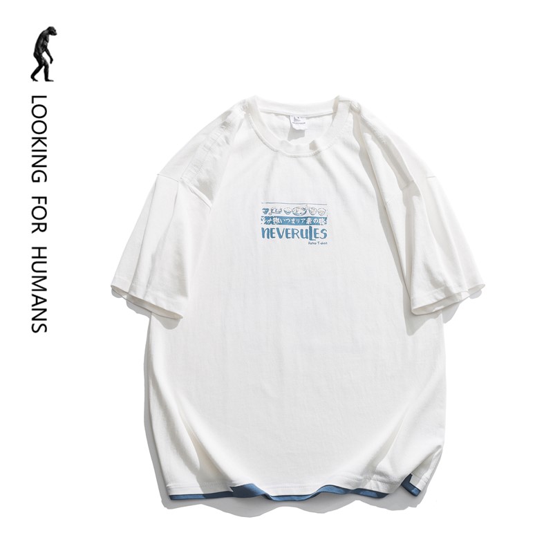 [LOOKING FOR HUMANS] 2024 COUPLE CREATIVE FAKE TWO-PIECE DESIGN JAPANESE LOOSE AND VERSATILE SHORT SLEEVES SUPER COMFORTABLE