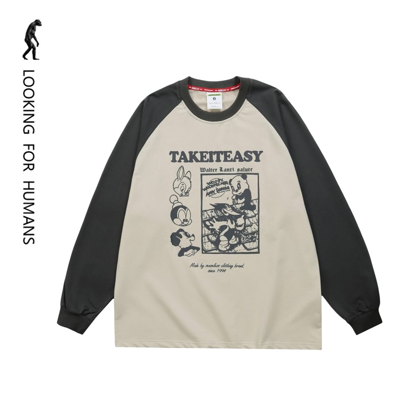 [LOOKING FOR HUMANS] 2024 AMERICAN CLASSIC FUN CARTOON PRINT CASUAL LOOSE COUPLE RUBBING ROUND NECK