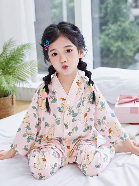 夏季薄款儿童棉绸睡衣七分袖家居服套装简约宝宝男童女童中大童