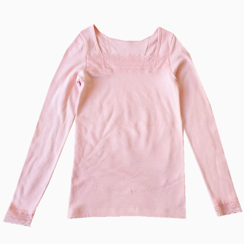 WOMENS DOUBLE THERMAL UNDERWEAR LACE LACE ROUND NECK LONG SLEEVE HEATING FIBER TOP BASE AUTUMN CLOTHES AUTUMN CLOTHES AUTUMN AND WINTER