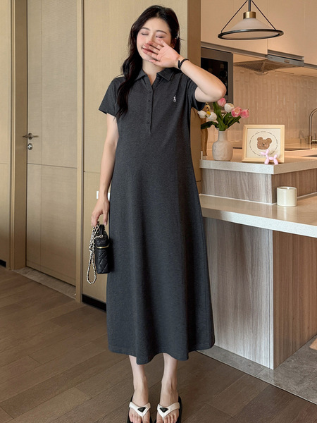 孕妇连衣裙夏装新款时尚洋气宽松大码polo领中长款T恤裙子夏季女