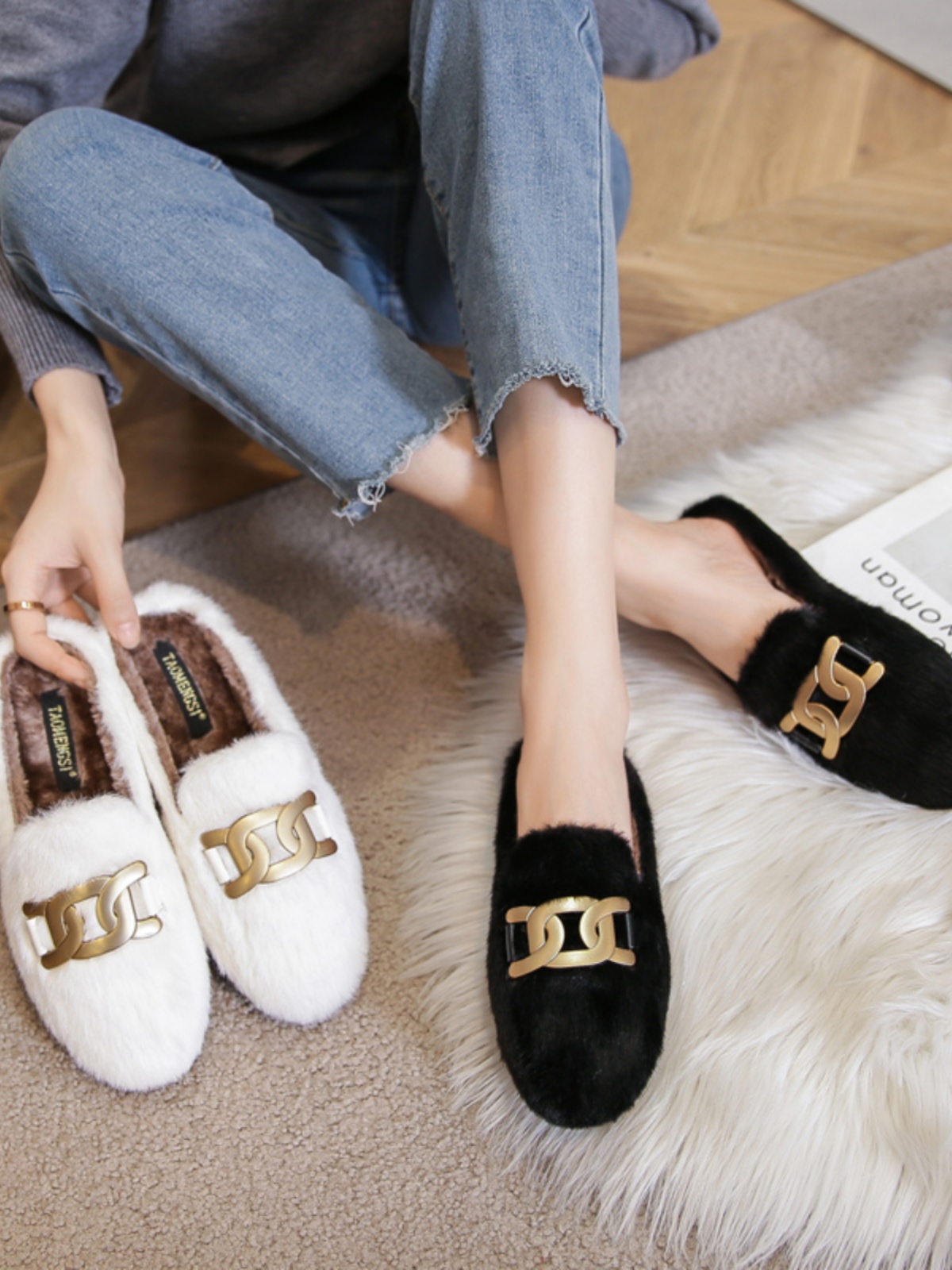 밀라노 스튜디오 두꺼운 밑창 흰색 모피 슬리퍼 여성 가을 겨울 겉옷 플러시 코튼 신발