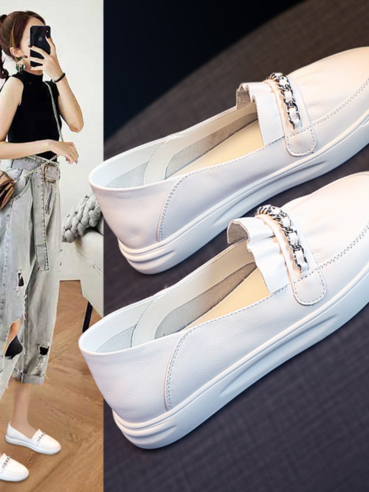 밀란 스튜디오 여성용 플랫 바닥 화이트 슈즈 2024 여성용 신상 슬립온 라운드 토 로퍼