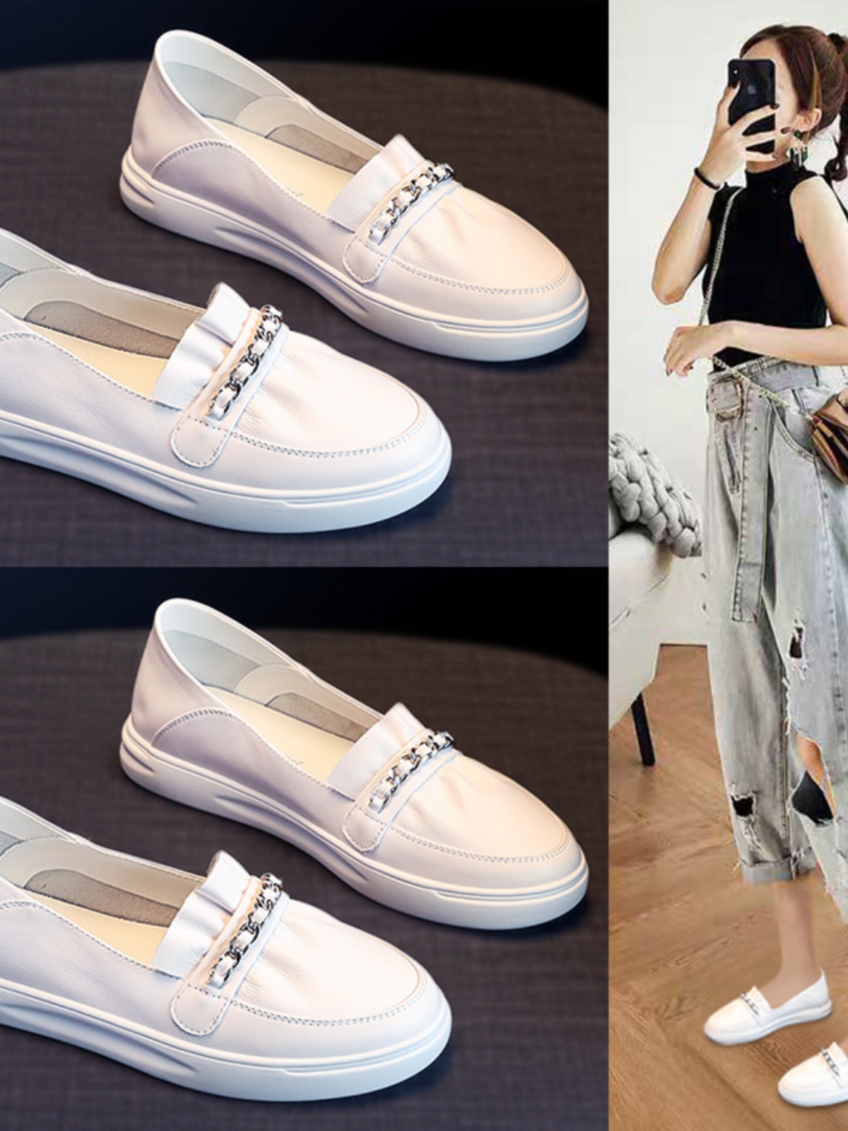 밀란 스튜디오 여성용 플랫 바닥 화이트 슈즈 2024 여성용 신상 슬립온 라운드 토 로퍼