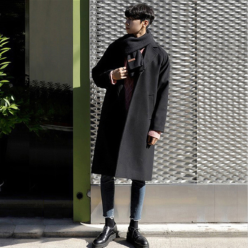 BLACK WOOLEN COAT MENS MID-LENGTH KOREAN VERSION TRENDY HANDSOME WINDBREAKER OVER-THE-KNEE SPRING AND AUTUMN SEASON BRITISH NIZI JACKET HIGH STREET