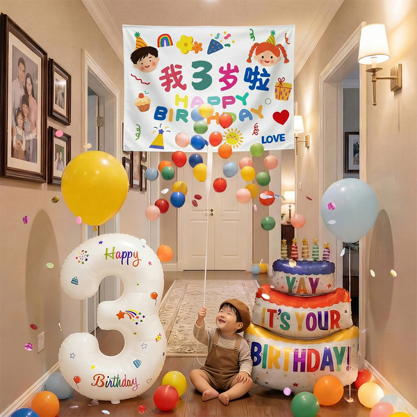 生日场景布置装饰儿童生日气球雨3岁2男宝宝仪式感小女孩氛围挂布