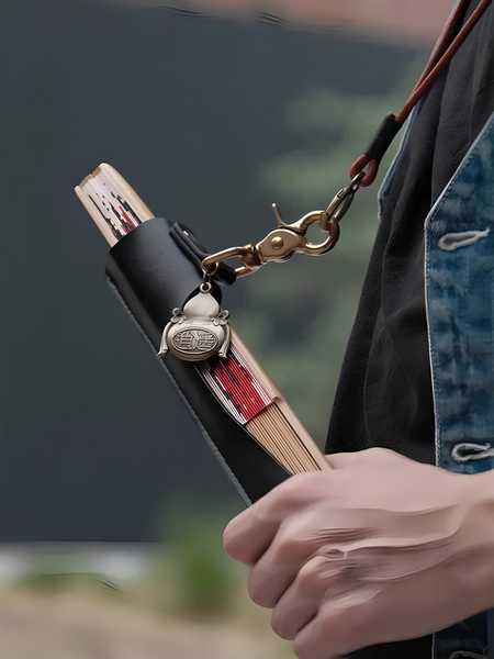 四象风物真皮扇套挂脖扇子收纳袋折扇保护袋扇鞘复古扇箍扇套包挂