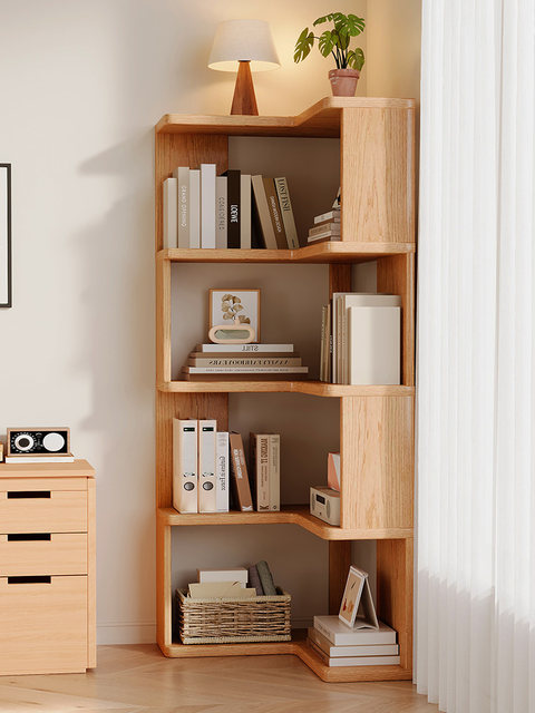Solid wood corner bookshelves floor-standing storage rack Living room corner cabinet corner storage rack Simple corner multi-layer storage bookcase