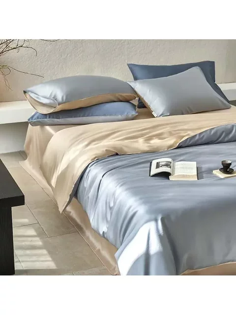 Household solid color tensile four-piece set for summer naked sleeping long velvet cotton sheets and bedding products with skin-friendly ice silk light luxury style
