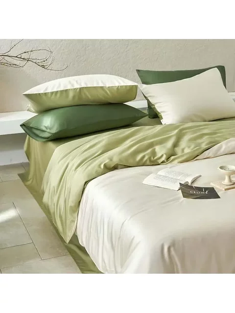 Household solid color tensile four-piece set for summer naked sleeping long velvet cotton sheets and bedding products with skin-friendly ice silk light luxury style