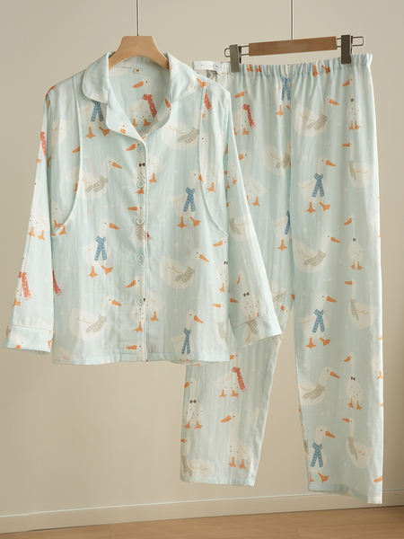 女士双层纱布纯棉月子服 哺乳睡衣 孕期产后宽松家居服套装春秋款 — 5