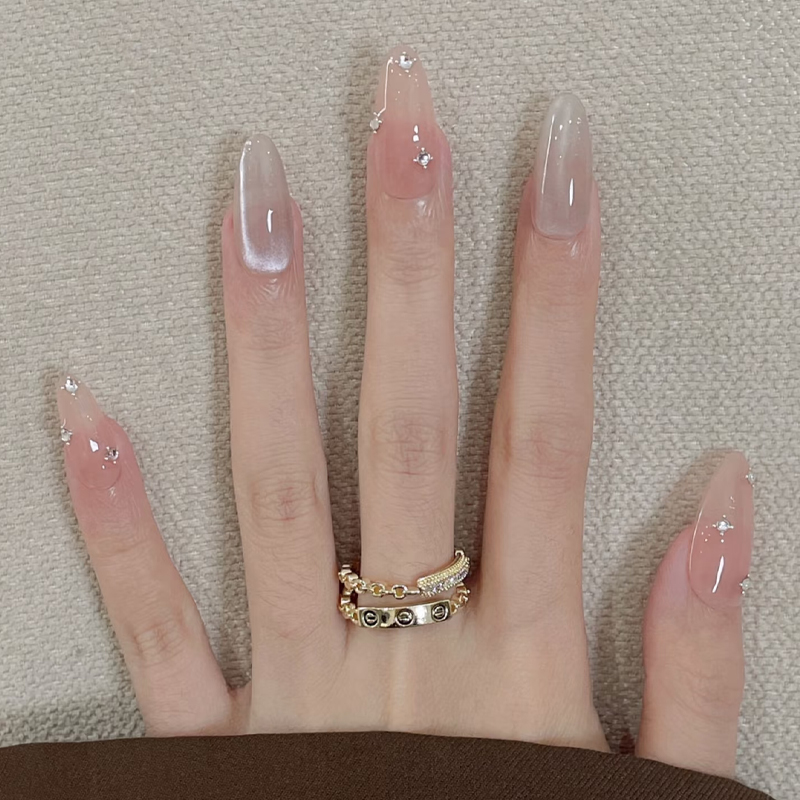 thumbnail for Nail art hand-worn nail 2025 new high-end sense cat's eye high quality bridal stunning sparkling diamond nude midi length