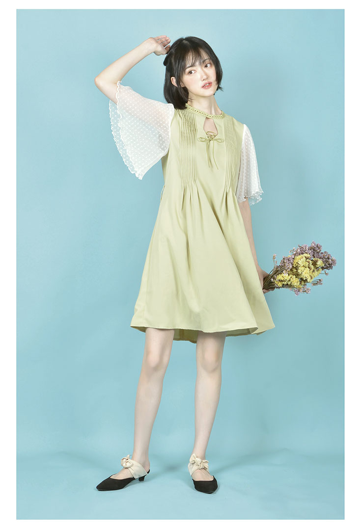 [OSMANTHUS BEAN ORIGINAL] CUIYING RETRO HOLLOW GAUZE SLEEVE FAIRY NATIONAL STYLE SUMMER DRESS AVOCADO GREEN
