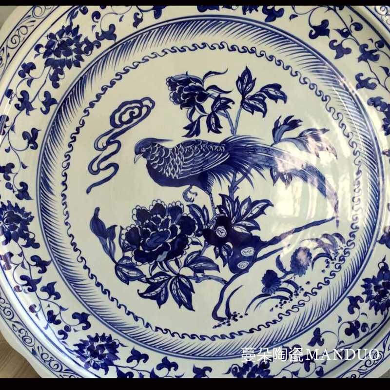 JINGDEZHEN 세라믹 호텔 장식 스타일 대형 도자기 접시 손으로 그린 ??공작 모란 도자기 파스타 도자기 접시