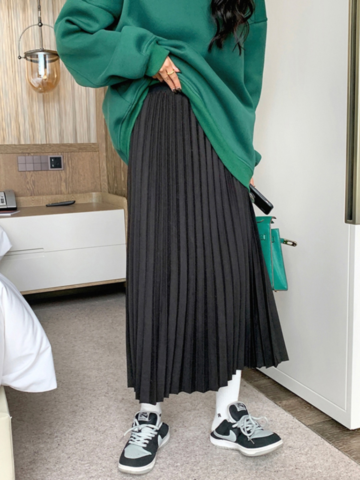 출산 가을 겨울 모직 스커트 여성 중간 길이 A 라인 스커트 브라운 플리츠 스커트 가을 배꼽 지원 원스텝 스커트