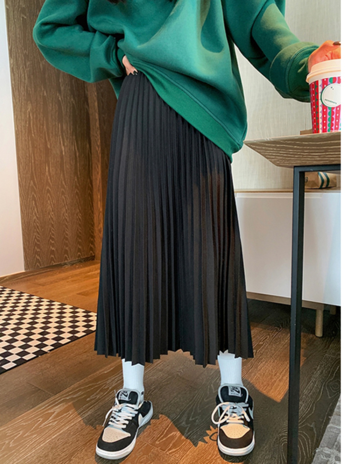 출산 가을 겨울 모직 스커트 여성 중간 길이 A 라인 스커트 브라운 플리츠 스커트 가을 배꼽 지원 원스텝 스커트