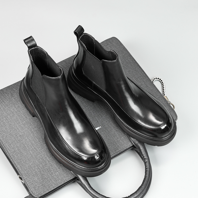 NON-SLIP AND WEAR-RESISTANT PLATFORM SOLED CHELSEA BOOTS MENS TOP COWHIDE MENS HIGH-TOP BRITISH ROUND TOE BOOTIE SLEEVE BUSINESS MENS BOOTS