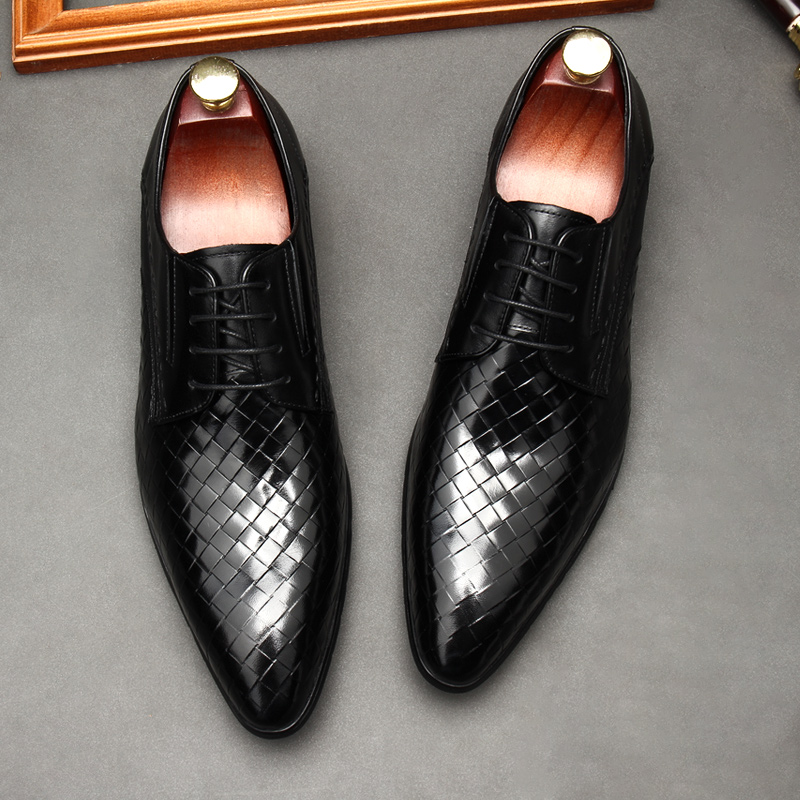 NEW EMBOSSED WOVEN LEATHER SHOES TRENDY BRITISH POINTED TOE MENS FORMAL BLACK SINGLE SHOE TOP COWHIDE BUSINESS SHOES