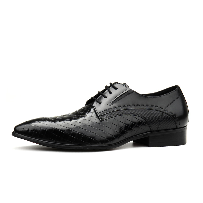 NEW EMBOSSED WOVEN LEATHER SHOES TRENDY BRITISH POINTED TOE MENS FORMAL BLACK SINGLE SHOE TOP COWHIDE BUSINESS SHOES