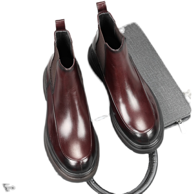 NON-SLIP AND WEAR-RESISTANT PLATFORM SOLED CHELSEA BOOTS MENS TOP COWHIDE MENS HIGH-TOP BRITISH ROUND TOE BOOTIE SLEEVE BUSINESS MENS BOOTS