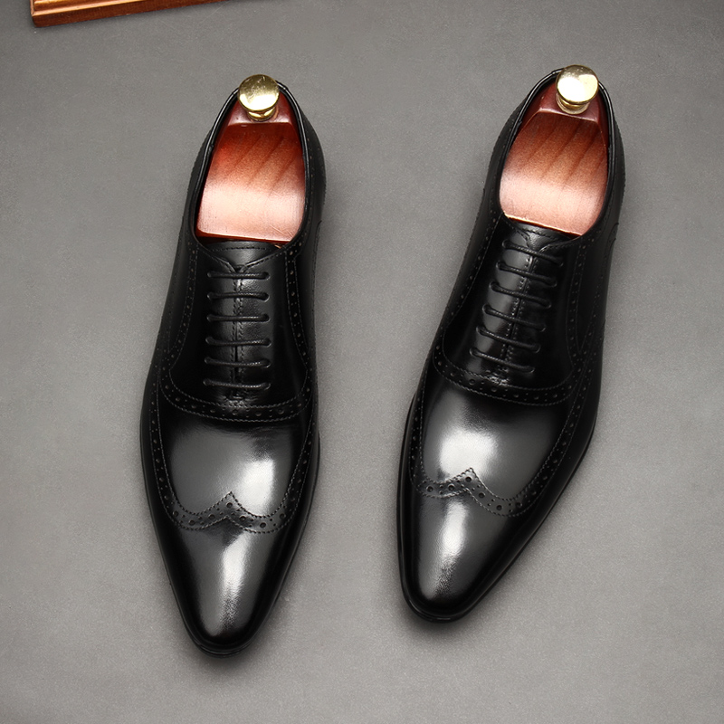 FALL 2021 NEW MENS BUSINESS SHOES GENUINE LEATHER CARVED SHOES MENS FORMAL DERBY SHOES POINTED-TOE WEDDING SHOES