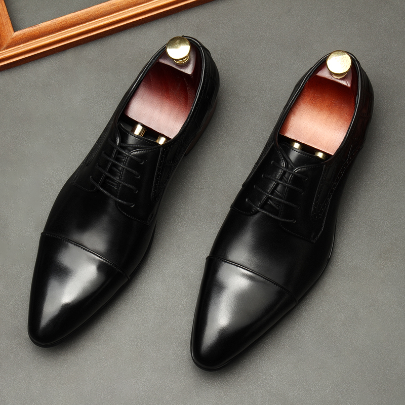 THREE-JOINT 2021 NEW LEATHER MENS SHOES BRITISH POINTED TOE BUSINESS FORMAL WEAR EUROPEAN VERSION LACE-UP WEDDING SHOES LEATHER SHOES TRENDY SHOES