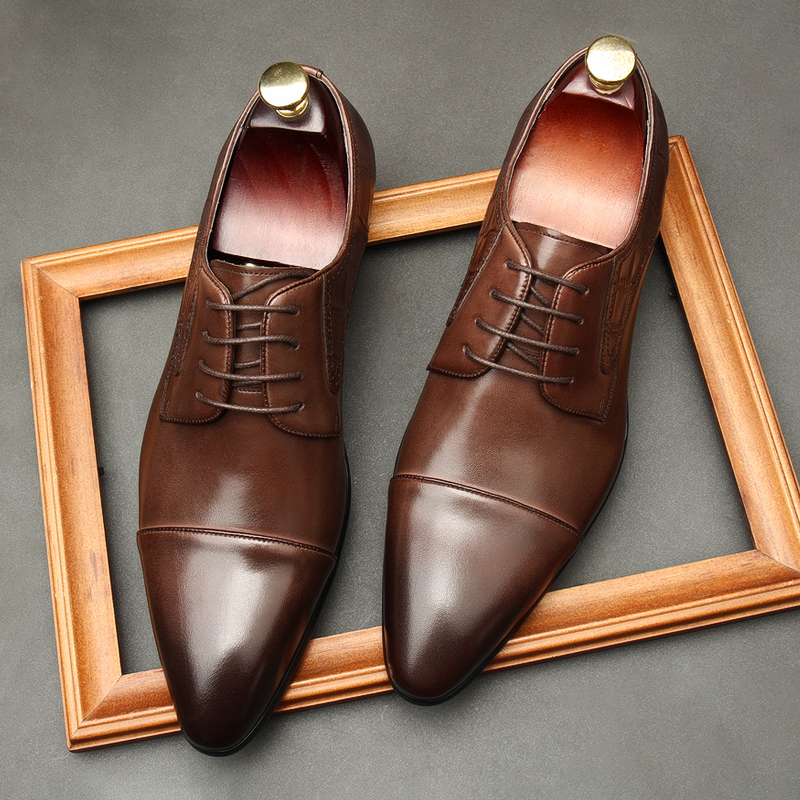 THREE-JOINT 2021 NEW LEATHER MENS SHOES BRITISH POINTED TOE BUSINESS FORMAL WEAR EUROPEAN VERSION LACE-UP WEDDING SHOES LEATHER SHOES TRENDY SHOES