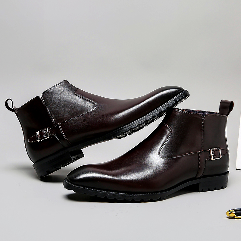 AUTUMN AND WINTER NEW HANDMADE VINTAGE MENS CHELSEA BOOTS POINTED-TOE MARTIN BOOTS MID-HIGH-TOP LEATHER BOOTS BRITISH FASHION BOOTS
