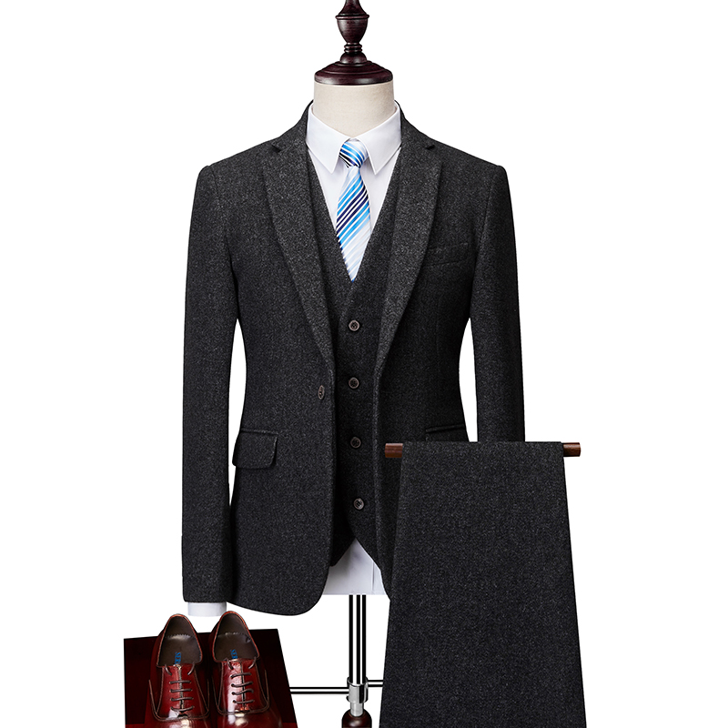 MENS BUSINESS CASUAL SOLID COLOR WOOLEN SUIT SET DRESS XZ103-96006 THREE-PIECE SET--P310