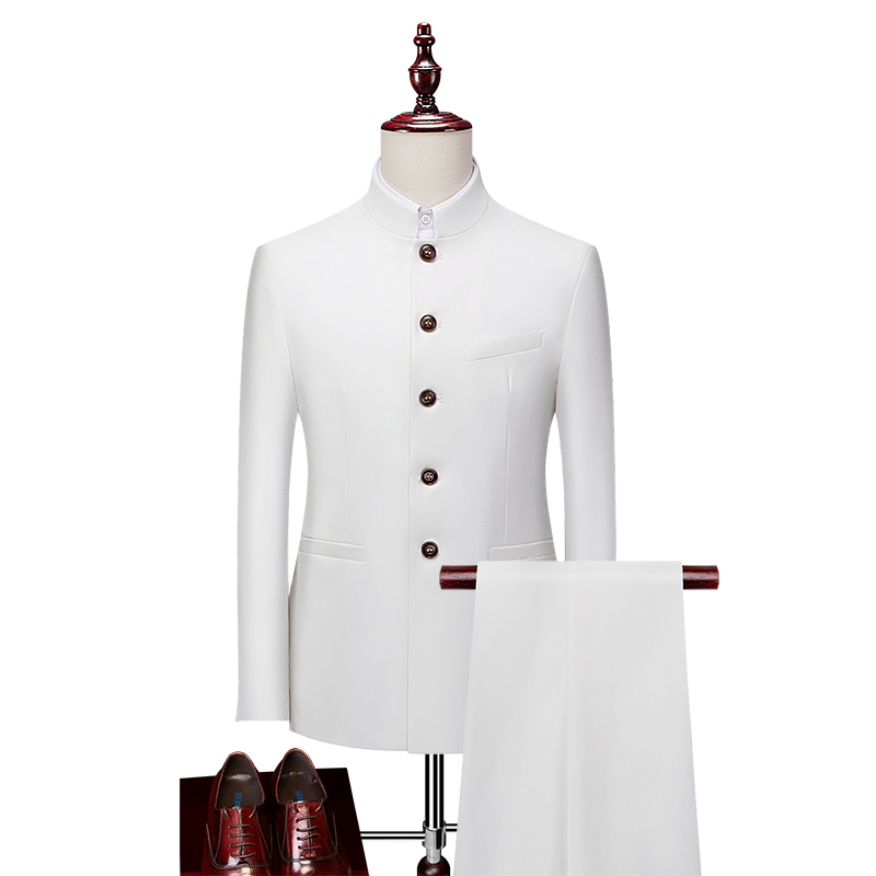 MENS CASUAL BUSINESS SUIT STAND COLLAR TUNICS XZ103-206 TWO-PIECE SET-P130 WHITE