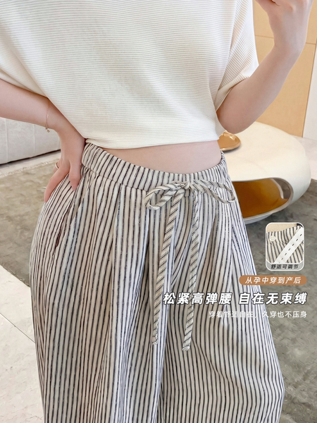 ZMA竖纹亚麻●孕妇裤子夏薄款2026夏装松弛感宽松阔腿裤孕期长裤 — 3