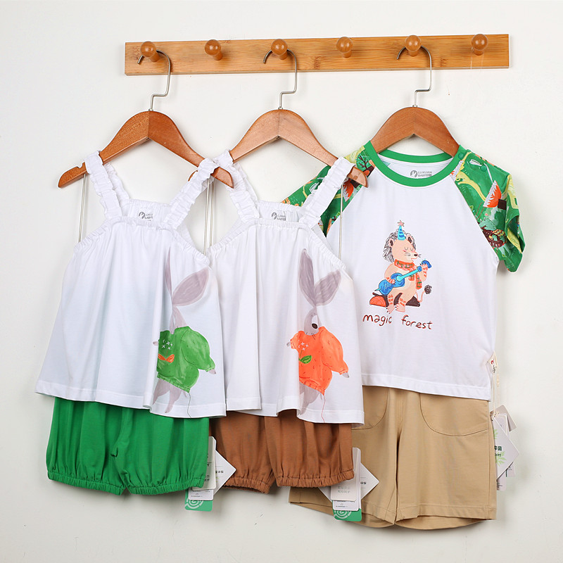 LUXUAN BEIBEI SUMMER MO COTTON SHORT SLEEVE SHOULDER BUTTON UNDERWEAR SET THIN PULLOVER PAJAMAS BABY CHILDREN UNDERWEAR AT HOME