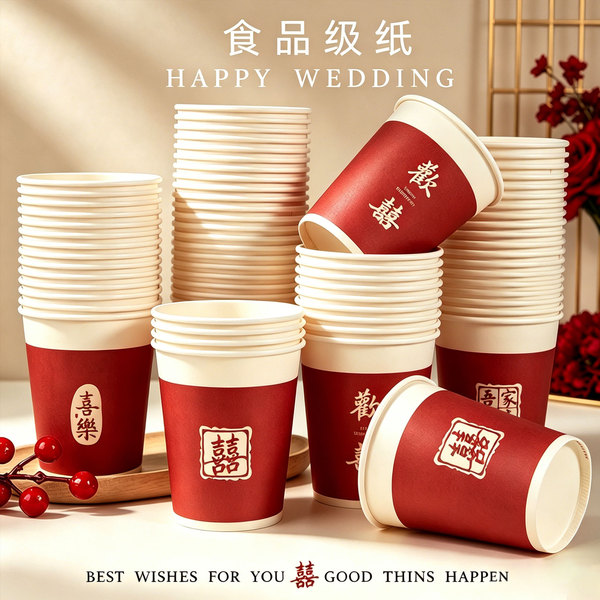 结婚纸杯一次性喜杯子食品级加厚红色高级感喜杯耐高温防烫饮水杯