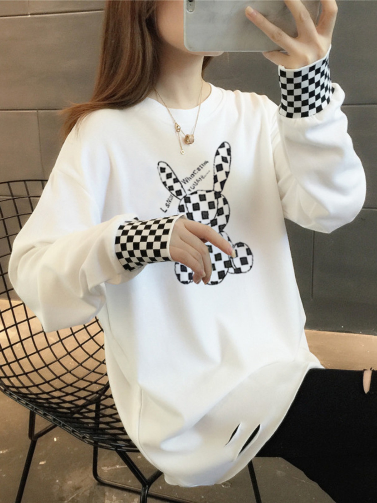 PLUS VELVET | NO VELVET 100% COTTON HOLE MID-LENGTH T-SHIRT WOMENS LARGE SIZE STITCHING LONG-SLEEVED PLAID LOOSE BOTTOMING SHIRT