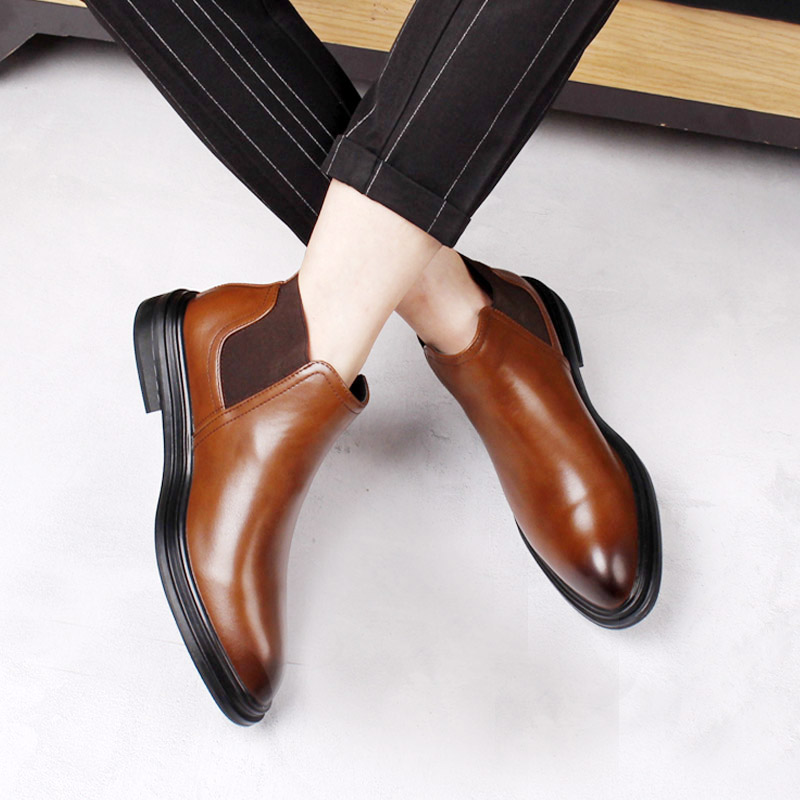 AUTUMN AND WINTER NEW MARTIN BOOTS POINTED TOE KOREAN HIGH-TOP LEATHER SHOES SHORT BOOTS MIDDLE-TOP MENS TRENDY BROWN CHELSEA LEATHER BOOTS