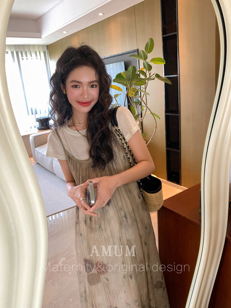 ◆AMUM孕妇装◆孕妈穿搭~不显怀复古压褶洋气夏装宽松吊带连衣裙 — 4