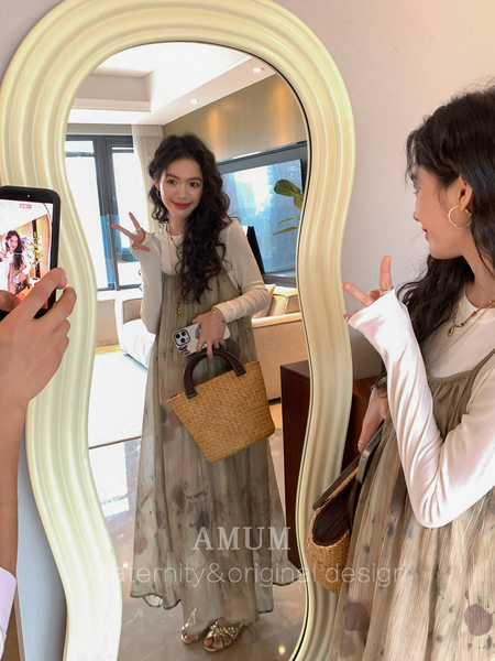 ◆AMUM孕妇装◆孕妈穿搭~不显怀复古压褶洋气夏装宽松吊带连衣裙 — 3
