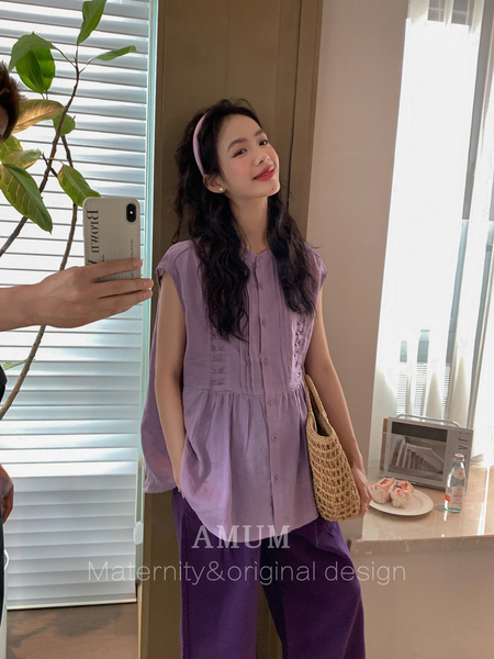 ◆AMUM孕妇装◆孕期套装穿搭~麻无袖洋气上衣复古小衫波点半身裙 — 3