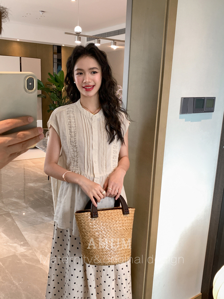 ◆AMUM孕妇装◆孕期套装穿搭~麻无袖洋气上衣复古小衫波点半身裙 — 2