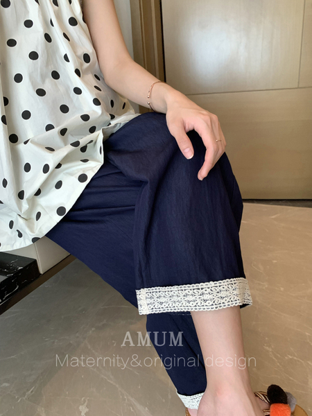 ◆AMUM孕妇装◆夏薄款裤子~透气休闲裤长裤抽绳显瘦阔腿裤孕妇裤 — 5