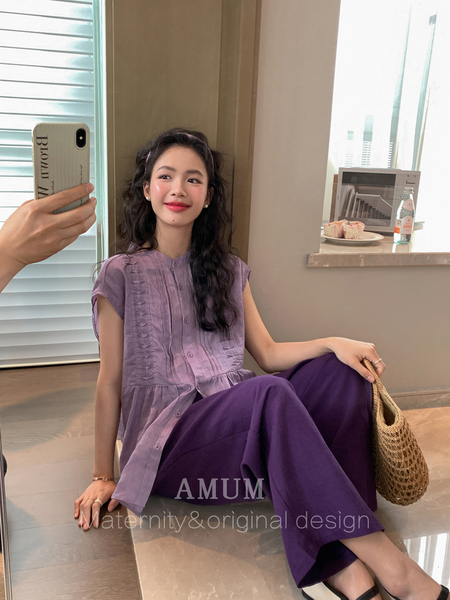 ◆AMUM孕妇装◆孕期套装穿搭~麻无袖洋气上衣复古小衫波点半身裙 — 4