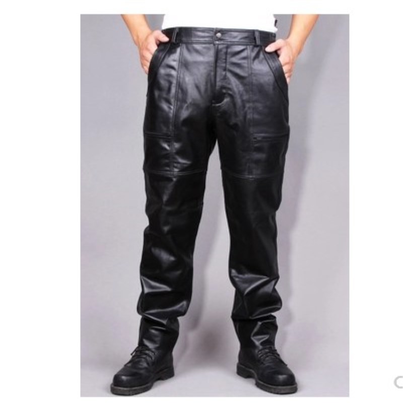 WINTER TOP LAYER SHEEPSKIN PANTS BLACK HENNING SOLID COLOR WARM TAPERED GOATSKIN PANTS MENS TROUSERS LEATHER PANTS