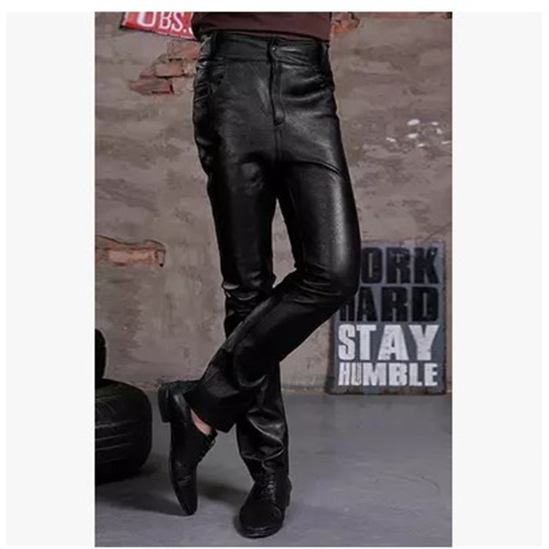 HAINING  첫 번째 레이어 소 가죽 바지 남성 슬림 바지 청바지 플러스 벨벳 두꺼운 남성용 느슨한 염소 가죽 바지