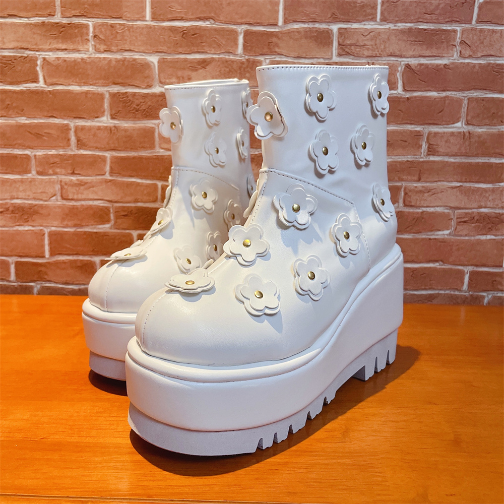 SHU MIAOS HOME REAL SHOT WHITE FLOWER PLATFORM WEDGE BOOTS NEW CUSTOM MARTIN BOOTS WOMENS BOOTS